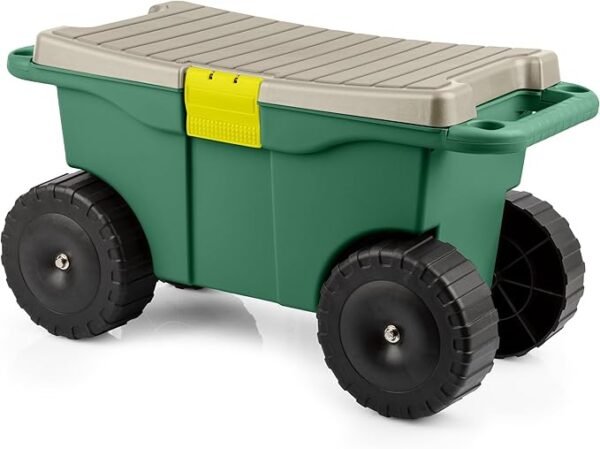 Rolling Garden Cart with Seat – Storage Bench with Interior Tool Tray for Gardening