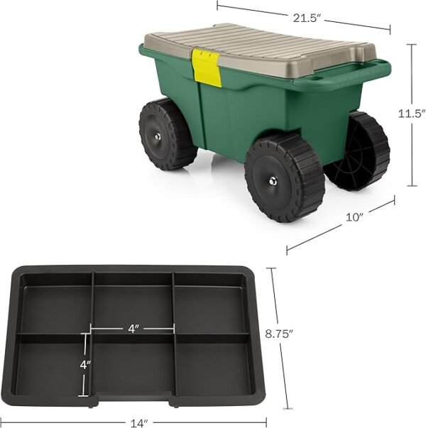 Rolling Garden Cart with Seat – Storage Bench with Interior Tool Tray for Gardening - Image 2