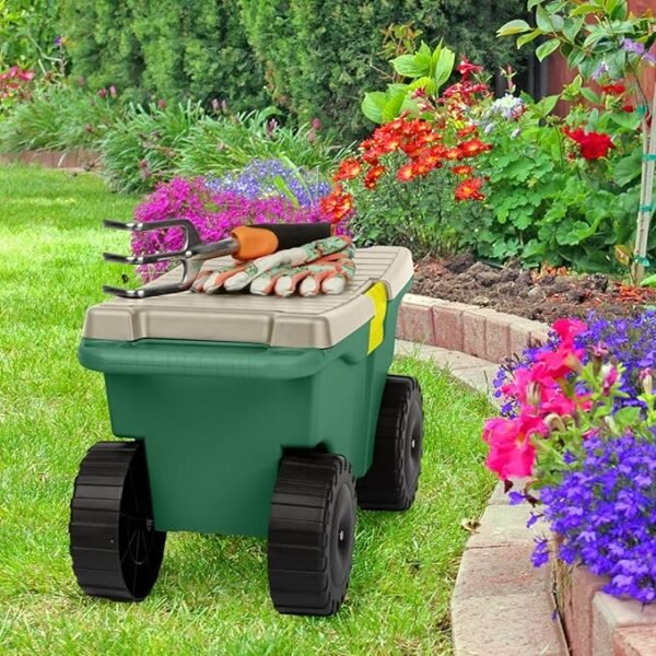 Rolling Garden Cart with Seat – Storage Bench with Interior Tool Tray for Gardening - Image 3
