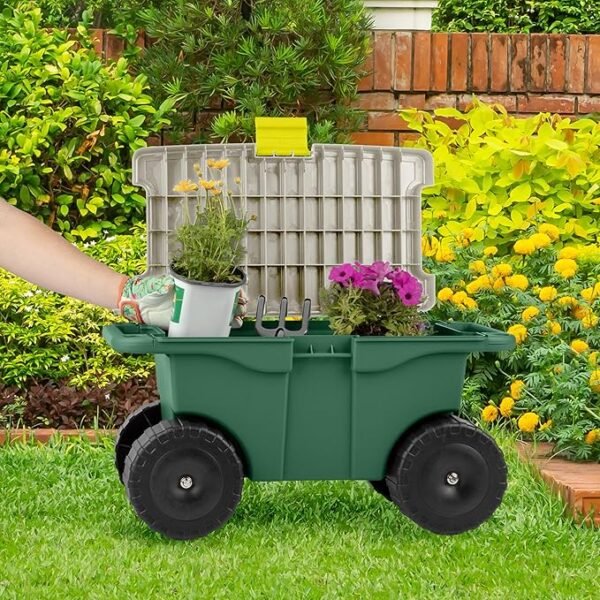 Rolling Garden Cart with Seat – Storage Bench with Interior Tool Tray for Gardening - Image 4