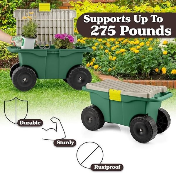 Rolling Garden Cart with Seat – Storage Bench with Interior Tool Tray for Gardening - Image 6
