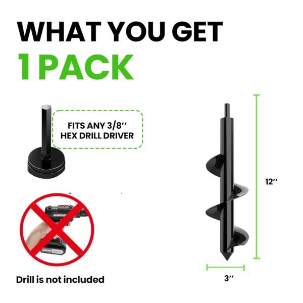 Auger Drill Bit for Planting – 3" x 12" Spiral Garden Hole Digger for Bulbs, Umbrella Holes, and More - Image 2