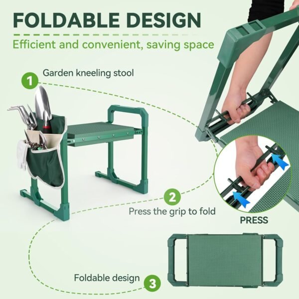 2-in-1 Garden Kneeler and Seat – Heavy Duty Foldable Stool with Soft Kneeling Pad, Tool Pouches, Anti-Tip Design, 400 lb Capacity - Image 7